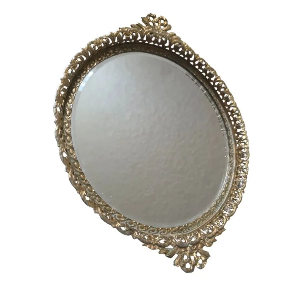 Vintage French Louis XV Style Gilt Bronze Metal Mirror Bow Edge 1970s Small 7